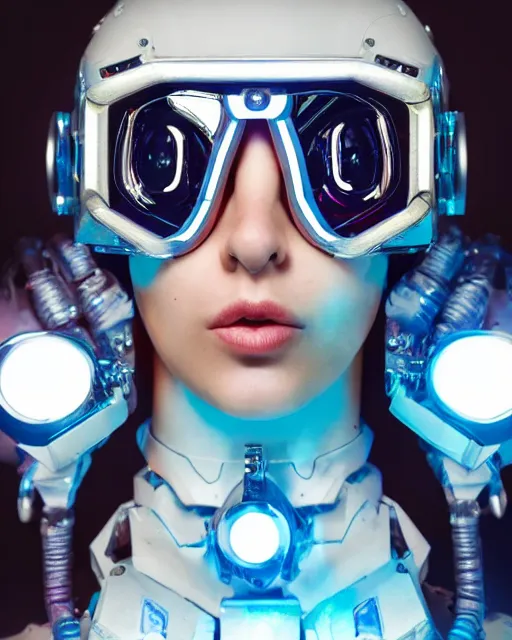 Image similar to centered portrait of soulful young sabrina salerno as a solarpunk mecha humanoid robotic parts wearing crystal goggles with bright led lights, real human face, pudica gesture bouguereau style, in white room, ultra - realistic and intricate, soft portrait shot 8 k