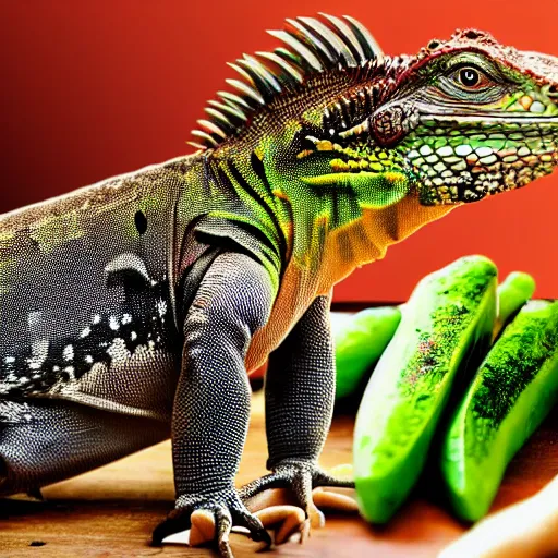 Prompt: iguana in the kitchen holding a spatula cooking a steak, realism,
