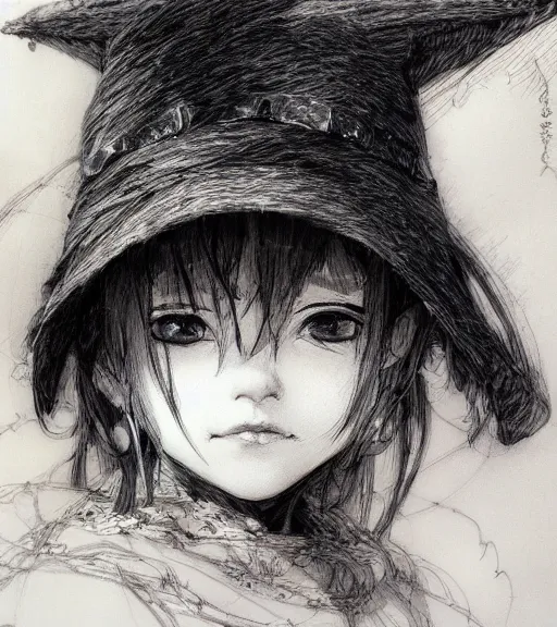 Image similar to portrait of little anime girl wearing witch hat, pen and ink, intricate line drawings, by craig mullins, ruan jia, kentaro miura, greg rutkowski, loundraw