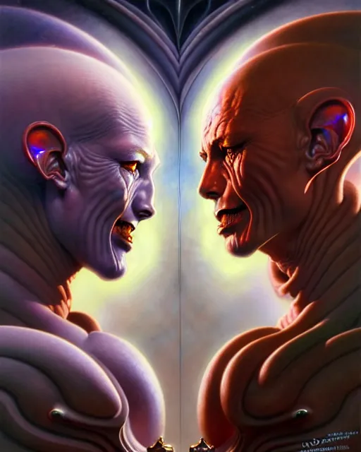 Image similar to a portrait of gemini good and evil fantasy character portrait facing each other, ultra realistic, wide angle, intricate details, the fifth element artifacts, highly detailed by peter mohrbacher, hajime sorayama, wayne barlowe, boris vallejo, aaron horkey, gaston bussiere, craig mullins