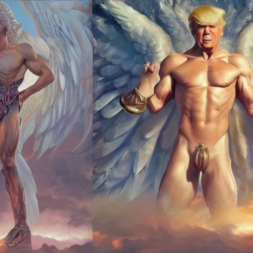 Image similar to donald trump as a heavenly god, upper body, muscular, fantasy, intricate, elegant, highly detailed, digital painting, artstation, concept art, smooth, sharp focus, illustration, art by artgerm and greg rutkowski and alphonse mucha