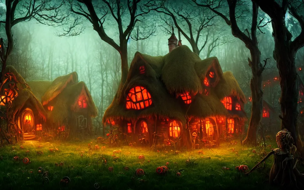 Image similar to gloomy fairytale forest with a singular witches cottage made of candy in the distance, visual novel key visual, award - winning digital art on pixiv, trending on artstation, cinematic lighting, dramatic lighting, epic cinematic, stunning and beautiful scenery - highly detailed, hyperrealistic, unreal engine 5, in the style of tim burton and guillermo del toro