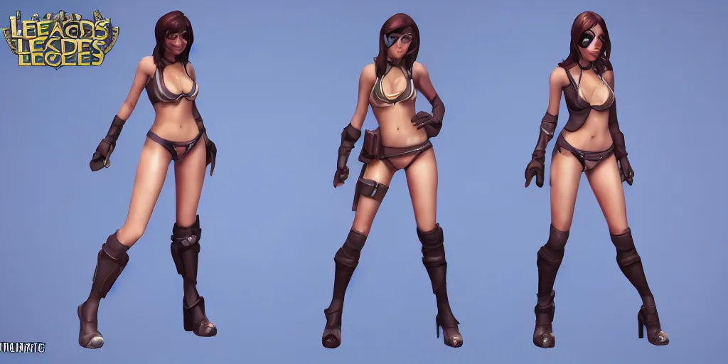 Image similar to rendered character sheet of Pool party Caitlyn in the game League of Legends, unreal engine 53d trending on art station