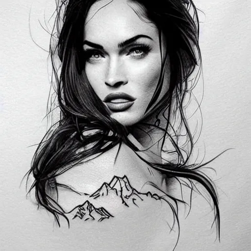 Image similar to megan fox as beautiful mountains, double exposure effect, medium sized tattoo sketch, amazing detail, trending on pinterest, in the style of dan mountford