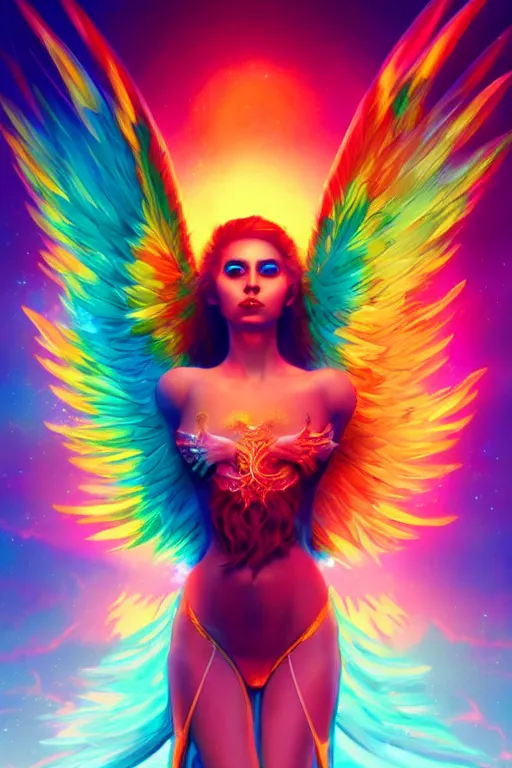 Image similar to rainbow colorful magic phoenix goddess, trending on artstation, cgsociety, artgerm, visually stunning, beautiful lighting, sunrise