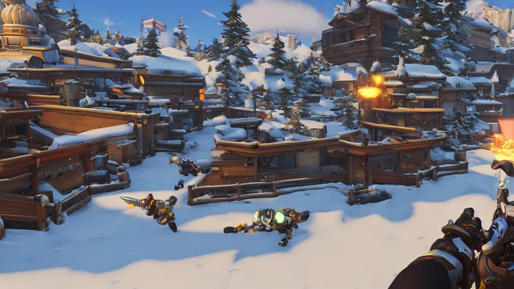 Image similar to Screenshot from Overwatch, at a ski resort