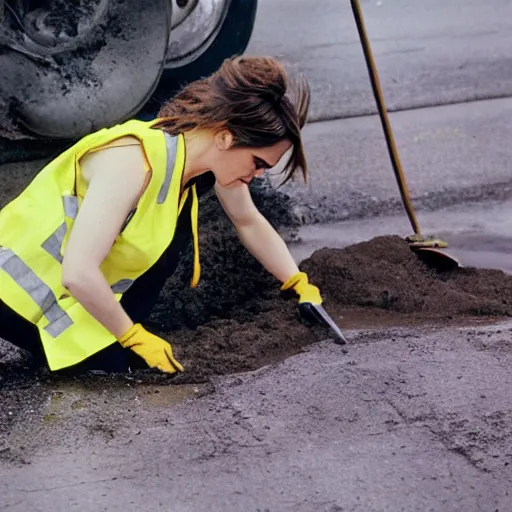 Image similar to photo, close up, emma watson in a hi vis vest, pouring asphalt, portrait, kodak gold 2 0 0,