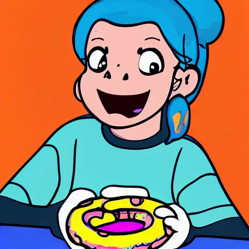 Image similar to Mabel Pines eating a donut, colourful, drawing, masterpiece, high detail, digital art