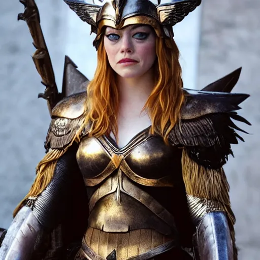 Prompt: full body photo of emma stone as a valkyrie warrior