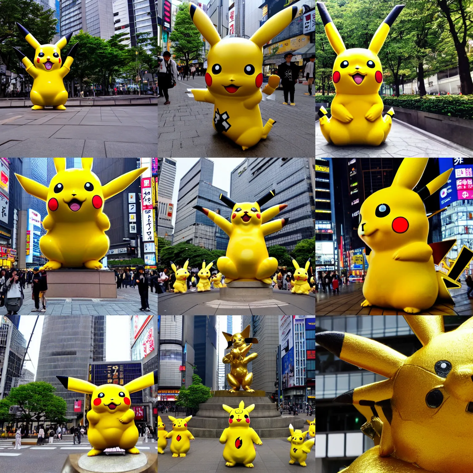 Prompt: golden statue of a pikachu in the center of tokyo, photo