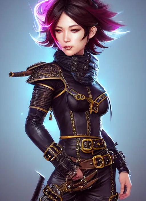 Prompt: rogue, fantasy ornate leather bandit outfit!!! beautiful and athletic short hair female!! gorgeous face and eyes!! character concept art, sharp focus, octane render! unreal engine 5! highly rendered!! trending on artstation!! detailed linework!! illustration by artgerm, wlop, and chie yoshii