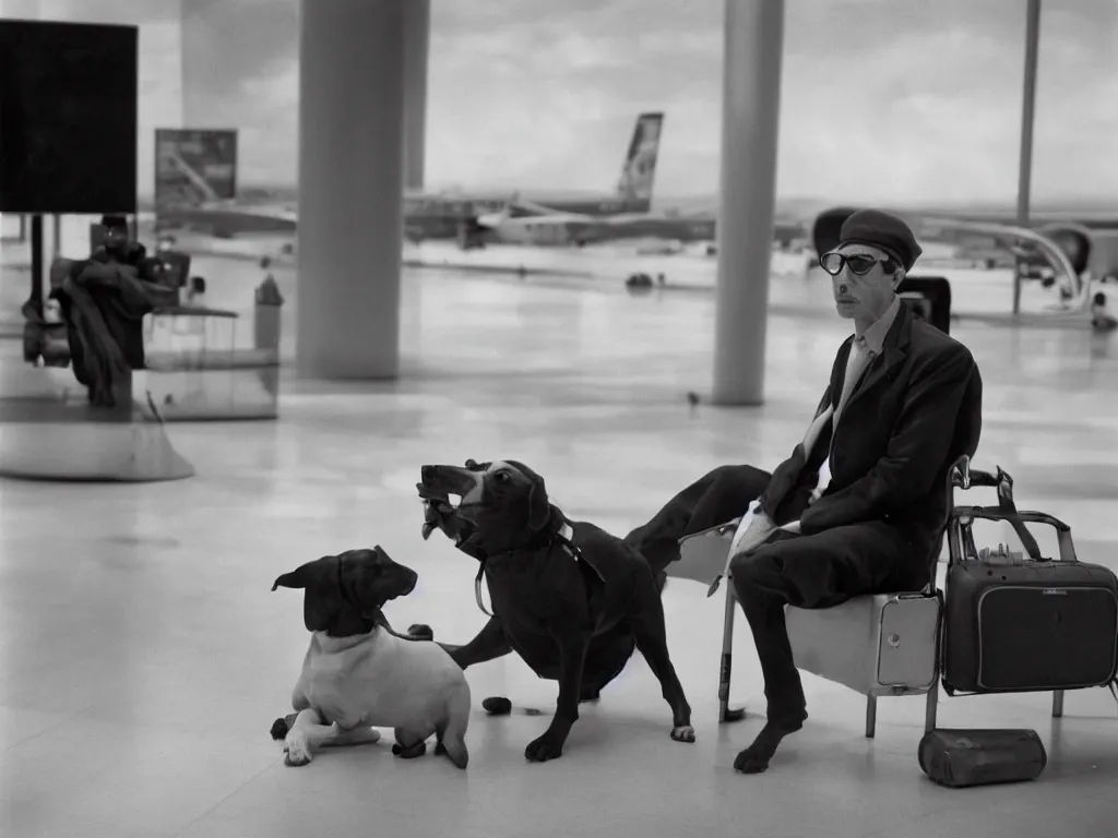 Prompt: man with eye glasses, luggage, dog, waiting in a large airport lounge looking at the horizon. photo by henri cartier bresson