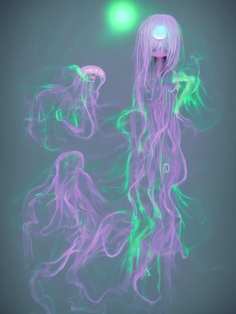 Image similar to cute fumo plush smiling ectoplasmic gothic jellyfish ghost girl, dancing on a foggy riverbank, glowing pink wisps of hazy green smoke, glowing lens flare, refraction, vray