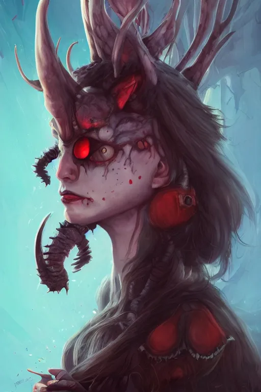 Image similar to portrait of a predator, american mcgee's alice, sharp focus, artstation, trending, by julie dillon, luis melo, tyler miles lockett, lei jin, hong lei, ken wong, adam narozanski, joy ang