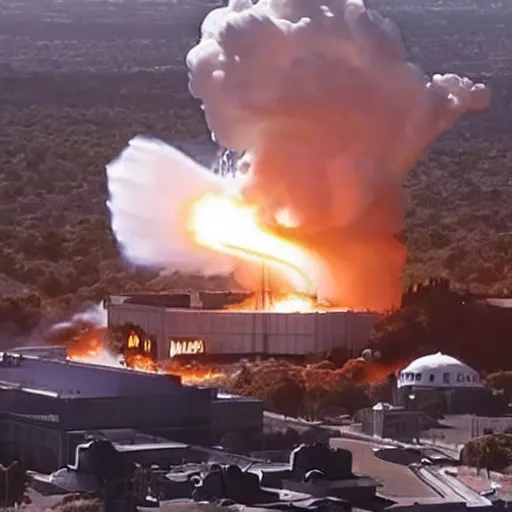 Prompt: discord hq exploding after it got hit by elon musk with a rocket launcher