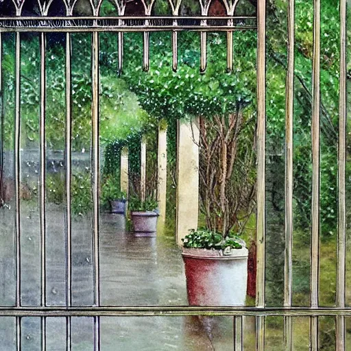 Prompt: delicate rain, symmetric, chairs, garden, paved, botanic watercolors, iridescent, 8 k, realistic shaded, fine details, artstation, italian, iron gate, tree, mediterranean, marvelous