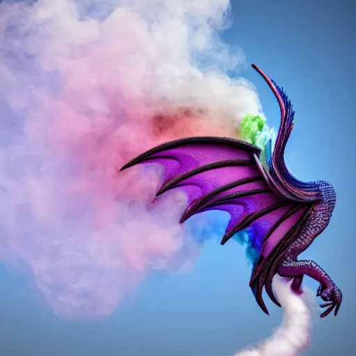 Image similar to multi color smoke with the small outstretched ribbed wings and head of a fairytale dragon, billowy smoke, 8 k, 4 k