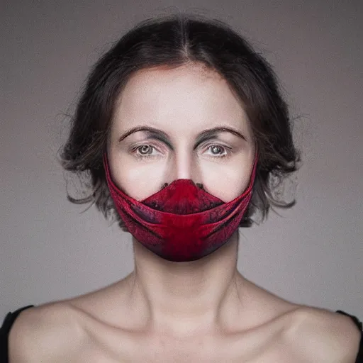 Image similar to a portrait of a woman with a face cover in dark bleeding eyes