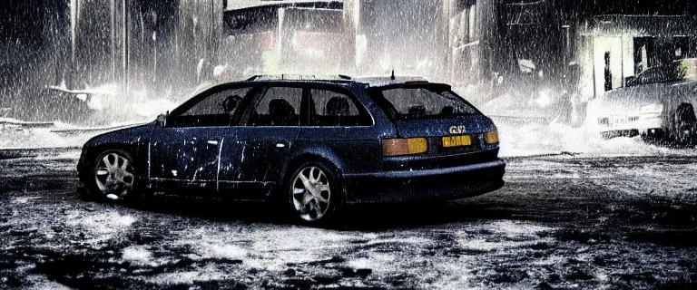 Image similar to Audi A4 B6 Avant (2002), a gritty neo-noir, dramatic lighting, cinematic, eerie person, death, homicide, homicide in the snow, viscera splattered all over the car, gunshots, establishing shot, extremely high detail, photorealistic, red mist, arson, burning city, cinematic lighting, artstation, by simon stalenhag, Max Payne (PC) (2001) winter New York at night, In the style of Max Payne 1 graphic novel, flashing lights, Poets of the Fall - Late Goodbye