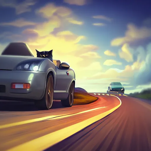 Image similar to convertible with cat driver on road driving towards camera, motion blur, clear sky, golden hour, unobstructed road, artstation