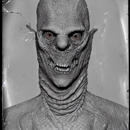 Prompt: A vintage photograph of a creepy and scary sinister looking reptilian man, draconian, scaly, evil, macabre W- 768