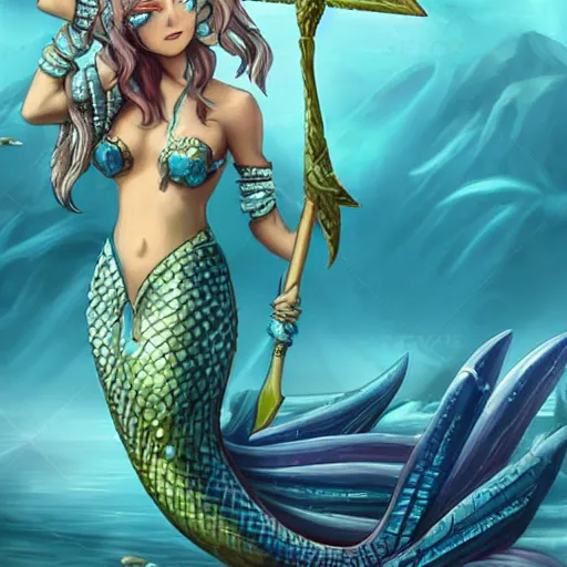Image similar to blue fantasy mermaid warrior holding a sharp trident, sea background with sea weeds and small sea creatures, fantasy game art, fantasy rpg, league of legends