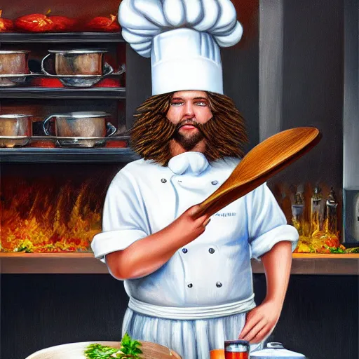 Image similar to oil painting portrait of a long haired fluffy cat wearing chef hat and apron with restaurant kitchen background digital art, concept art, highly detailed, 3-D 4k, trending on art station, Mark Brooks,