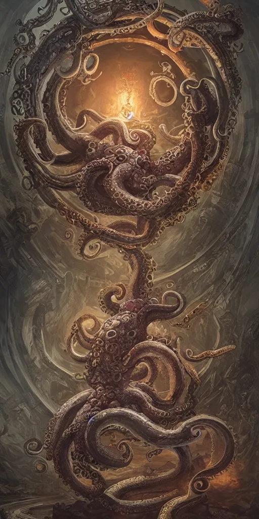 Image similar to epic fight of colorful Ouroboros and enormous octopus floating around inside an ancient mage castle hall colossal scale, gothic and baroque, brutalist architecture, ultradetailed, intricate details by Ellen Jewett and Ayami Kojima