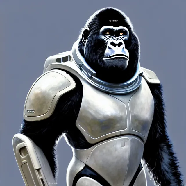 Image similar to a highly detailed science-fiction character portrait of a serious gorilla wearing a white armored space suit, intricate, wild, digital painting, artstation, concept art, smooth, sharp focus, illustration, art by artgerm and greg rutkowski and alphonse mucha