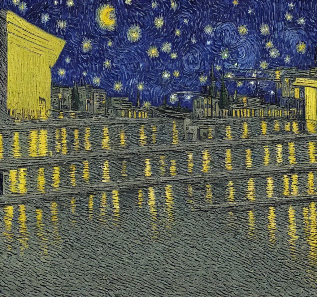 Prompt: a realistic looking concrete wall in a city featuring a realistic graffiti painting of a vincent van gogh self - portrait, with starry night in the background