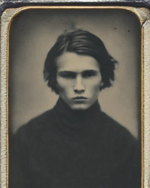 Image similar to tintype photo of alyosha karamazov, innocent handsome young russian man, by julia margaret cameron 1 8 8 0 s, realistic, portrait, sharp focus, 8 k high definition, insanely detailed, intricate, elegant