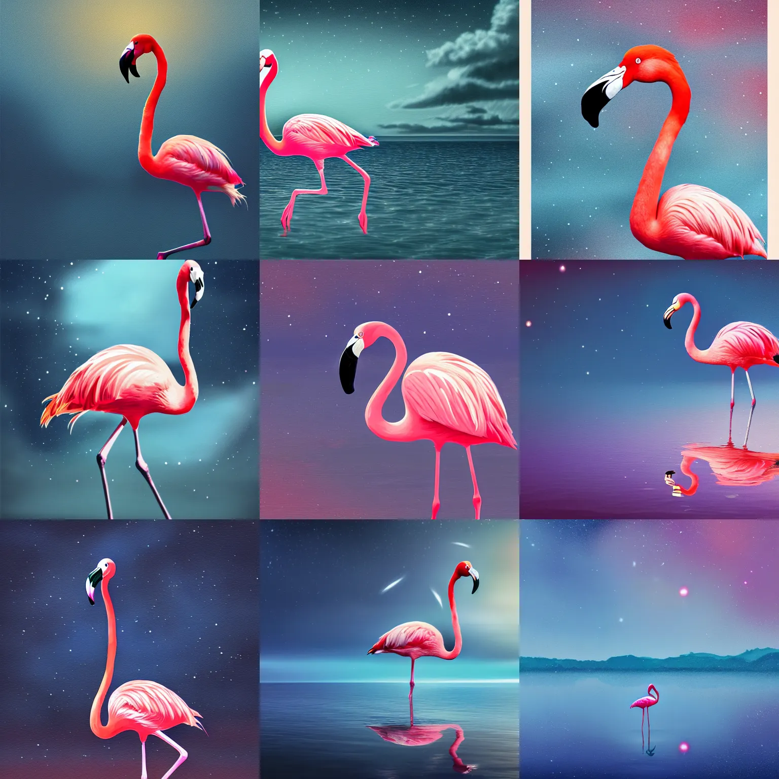 Prompt: A flamingo on water, cloudy deep night sky, digital painting, 4k, high details, atmospheric