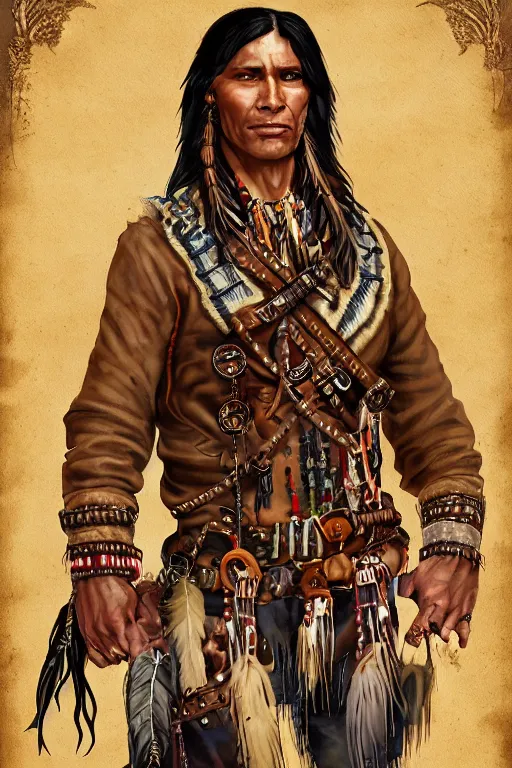Image similar to deadlands character portrait of a thin native american indian man in his early 3 0 s, wearing traditional cargo buckskin jacket buckskin tactical toolbelt pockets bandolier full of trinket and baubles, steampunk arcane tribal shaman, weird west, by steve henderson, sandra chevrier, alex horley