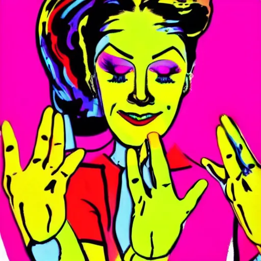 Image similar to a woman with colorful nail polish holding her hands to her face, a pop art painting by david lachapelle, featured on flickr, pop art, neon, vivid colors, glowing neon