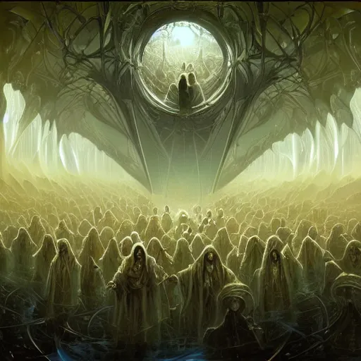 Image similar to a quantum computer surrounded by a dark cabal of multiple hooded elven mystics in long dark robes gathered in a circular formation, dan seagrave art, michael whelan, artstation, cgsociety, epic scifi fantasy art