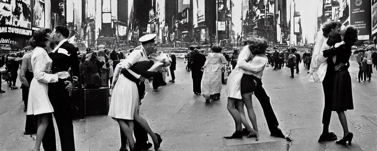 Prompt: alfred eisenstaedt's photograph of spaghetti and an american sailor kissing a woman in times square, 1 9 4 5, canon 5 0 mm, kodachrome, retro
