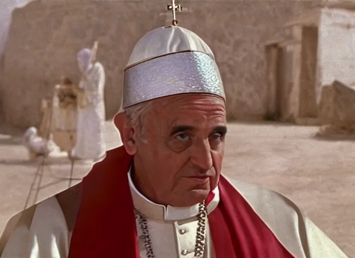 Prompt: a film still of the pope dressed in egyptian style as the faraoh, in the 1 0 commandments ( 1 9 5 6 ), technicolor color