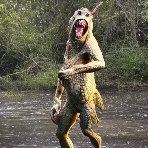 Prompt: werecreature consisting of a mixture of human and crocodile, photograph captured at woodland creek