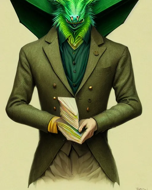 Image similar to anthropomorphic art of a businessman dragon, green dragon, portrait, victorian inspired clothing by artgerm, victo ngai, ryohei hase, artstation. fractal papers and books. highly detailed digital painting, smooth, global illumination, fantasy art by greg rutkowsky, karl spitzweg