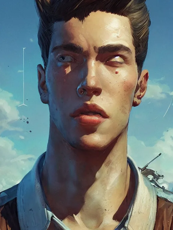 Image similar to portrait of a young man from fallout 4 wearing a summer outfit, short brown hair, art by ryo shiotani and greg rutkowski, intricate, beautiful, cute, cinematic lighting, vintage art by serge ivanoff