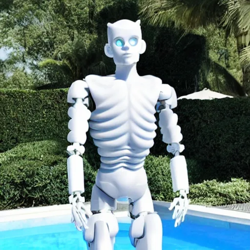 Image similar to twitch streamer / gamer ludwig, ice statue, blank stare, a realistic detailed photo of a guy who is an attractive humanoid who is half robot and half humanoid, by the pool, posing like a statue, showing off his muscles, made of ice, shiny skin, on display, who is a male android, humanoid robot