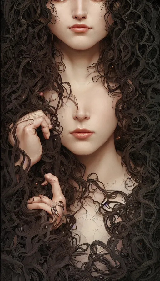 Image similar to beautiful cottagecore female model, symetrical face, black curly Hair, dark forest, intricate, elegant, highly detailed, digital painting, artstation, concept art, smooth, sharp, focus, illustration, art by artgerm and greg rutkowski and alphonse mucha