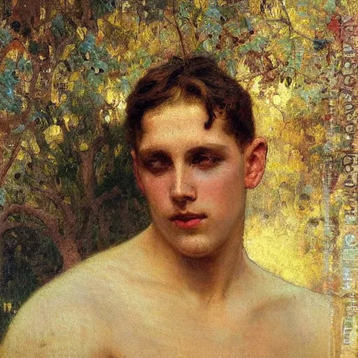 Image similar to young man head in hands against bright background, oil painting, gaston bussiere, mucha, gerome,