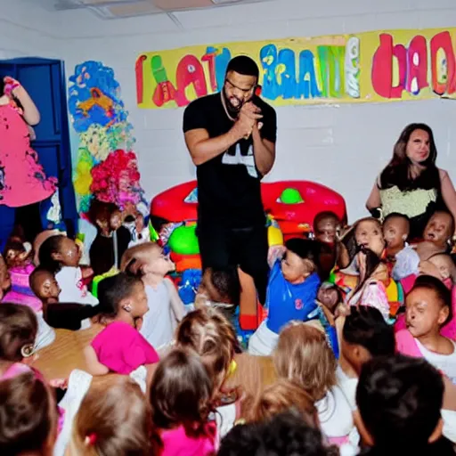 Prompt: drake performimg in a daycare