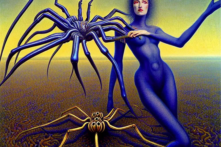 Image similar to realistic extremely detailed portrait painting of a fully dressed woman with a giant spider, futuristic sci-fi landscape on background by Jean Delville, Amano, Yves Tanguy, Ernst Haeckel, Edward Robert Hughes, Roger Dean, rich moody colours, blue eyes