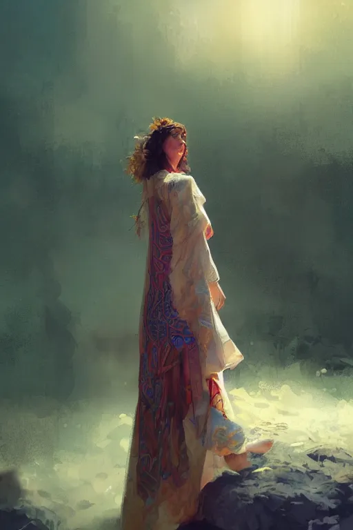 Prompt: a gorgeous young woman in a hippy 70's outfit, intricate, elegant, volumetric lighting, scenery, digital painting, highly detailed, artstation, sharp focus, illustration, concept art,ruan jia, steve mccurry