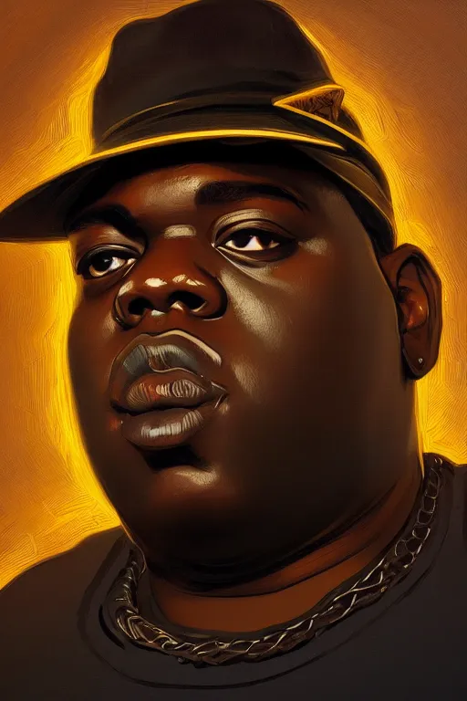 Image similar to portrait of notorious big with hat, staring directly into camera, intricate, elegant, glowing lights, highly detailed, digital painting, artstation, sharp focus, illustration, art by wlop, mars ravelo and greg rutkowski