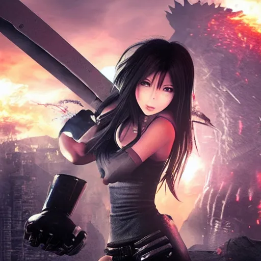 Prompt: a giant tifa from final fantasy 7 remake destroying a city like godzilla while smiling, digital art, octane render, award winning, very detailed, full body portrait, 3d render, detailed facial expressions, destroyed city, destruction, fire, video game art, no text