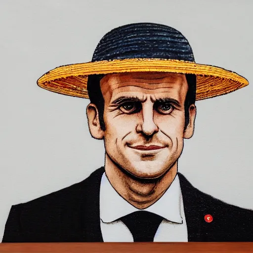 Image similar to a portrait of emmanuel macron wearing a straw hat in a scenic environment, traditional japanese art