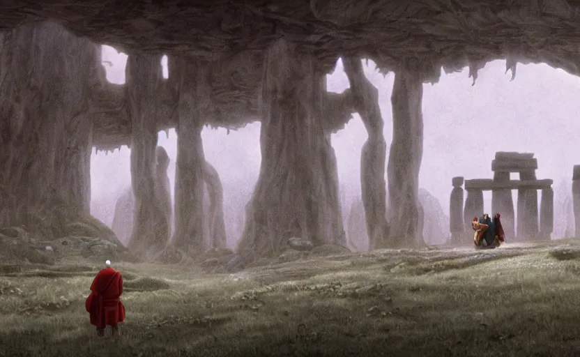 Image similar to movie still from princess mononoke ( 1 9 9 7 ) showing a highly detailed landscape with two monks praying with stonehenge in the background 1 9 8 0 s science fiction, 1 9 7 0 s science fiction, cyberpunk, moody, misty, depth perception, 4 k, artstation